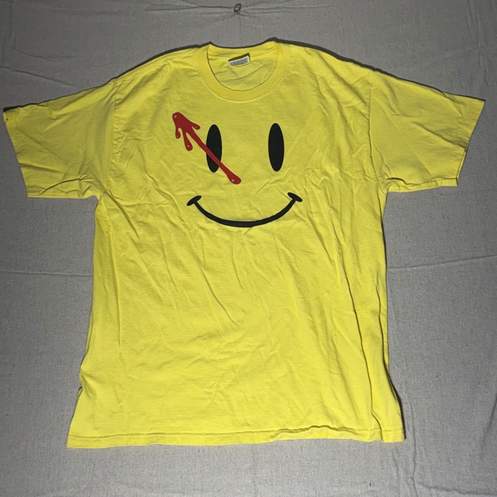 Hanes Heavyweight Yellow Watchmen Smiley Face Graphic T-Shirt Large CAC Cosford